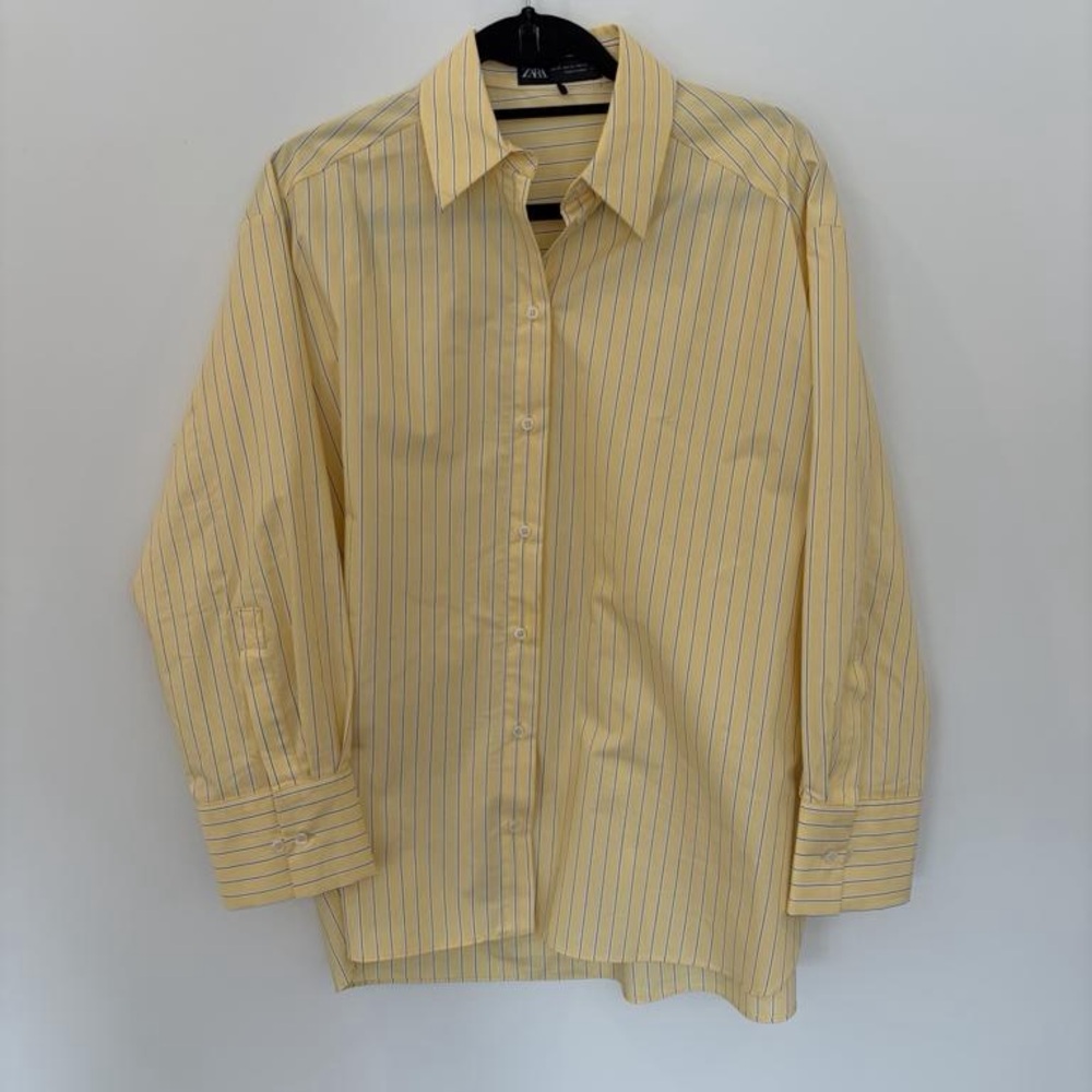 Zara Women’s Pale Yellow Shirt with Blue Pinstripes